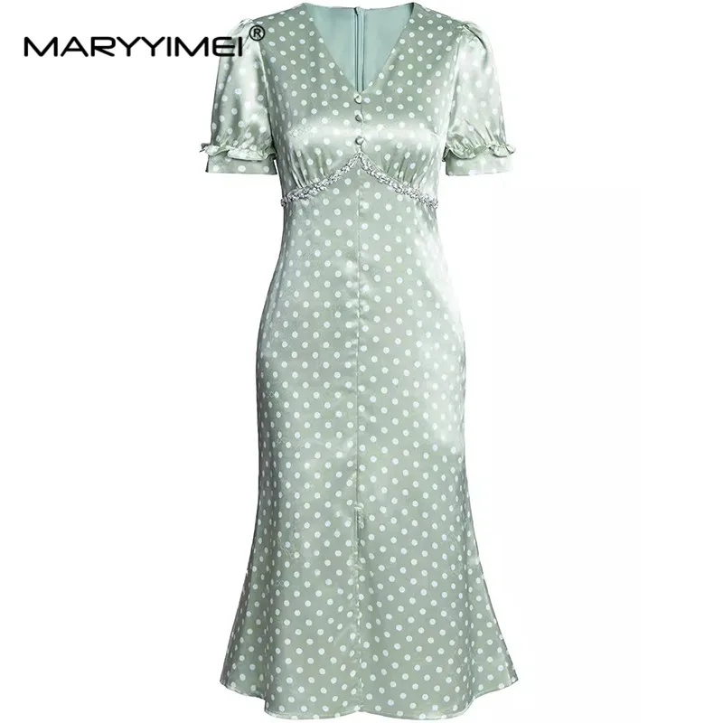 

MARYYIMEI Summer Women's Dress V-Neck Short-Sleeved High Waiste Crystal Dot Print Commuter Office Work Dresses