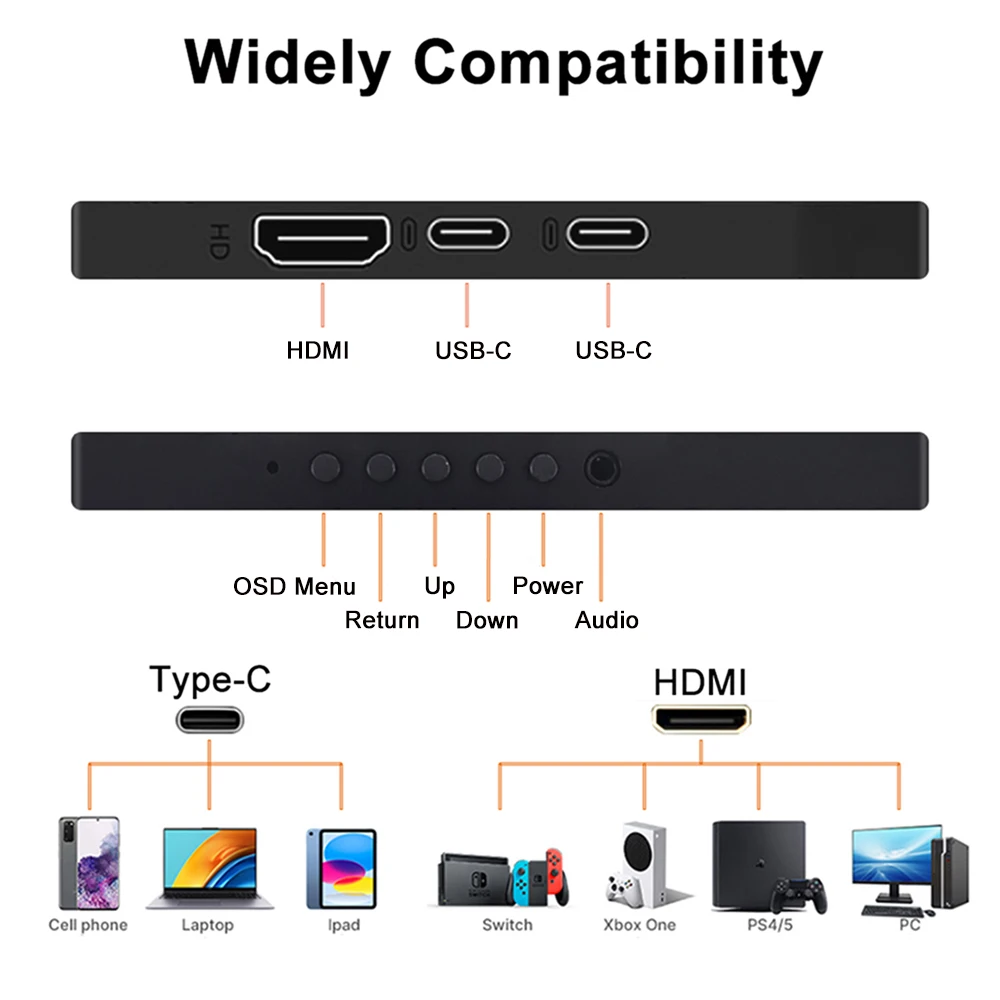 7인치 휴대용 터치 모니터 1280x800 HD IPS, HDMI 타입 C 내장 스피커, 노트북 PC 라즈베리 파이용 소형 외부 화면