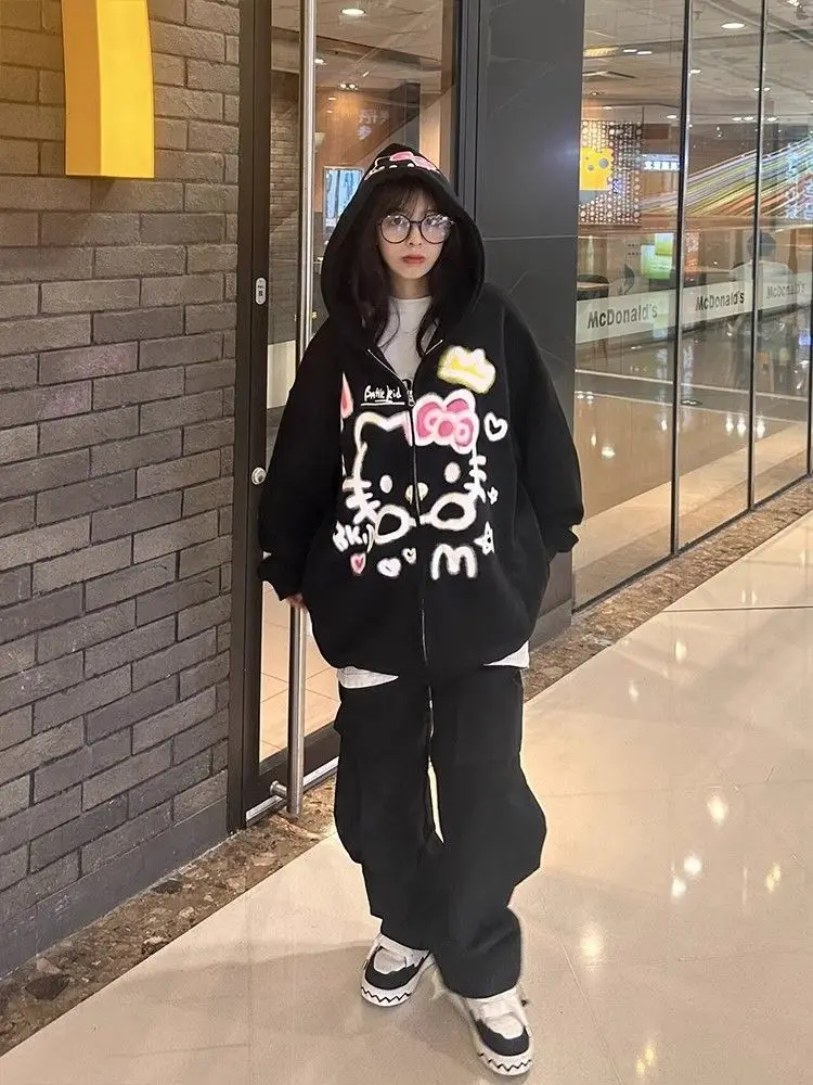 

Anime Cartoon Kawaii Sanrio 2026 New Pure Cotton Heavy Hello Kitty Cardigan Zipper Hooded Sweatshirt Coat Loose Lazy Style Gift