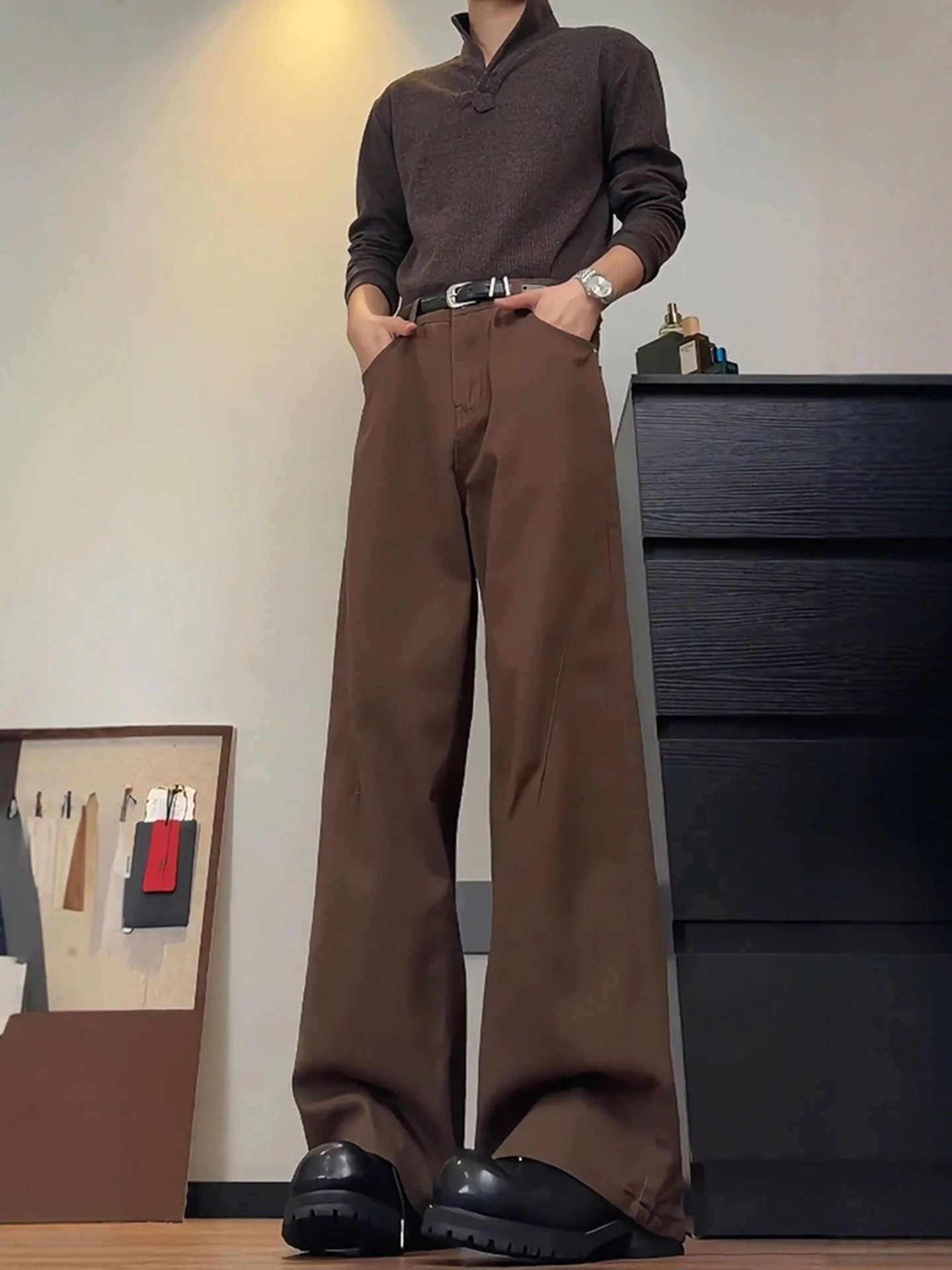 

Cleanfit Wide Leg Jeans Men's Coffee Color Patchwork Slant American Sle Jeans Youth Casual Straight Tube Trousers