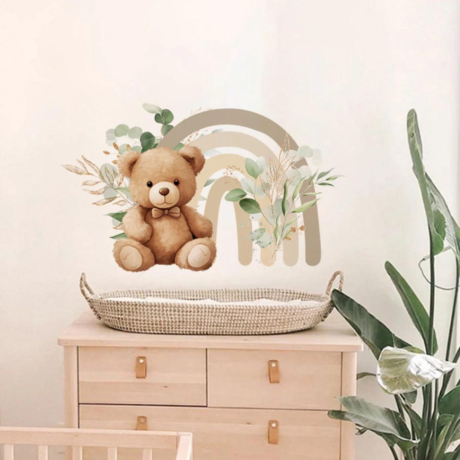 Cartoon Teddy Bear Leaf Rainbow Wall Sticker for Kids Room Baby Nursery Wall Decals for Girl Room Baby Shower PVC