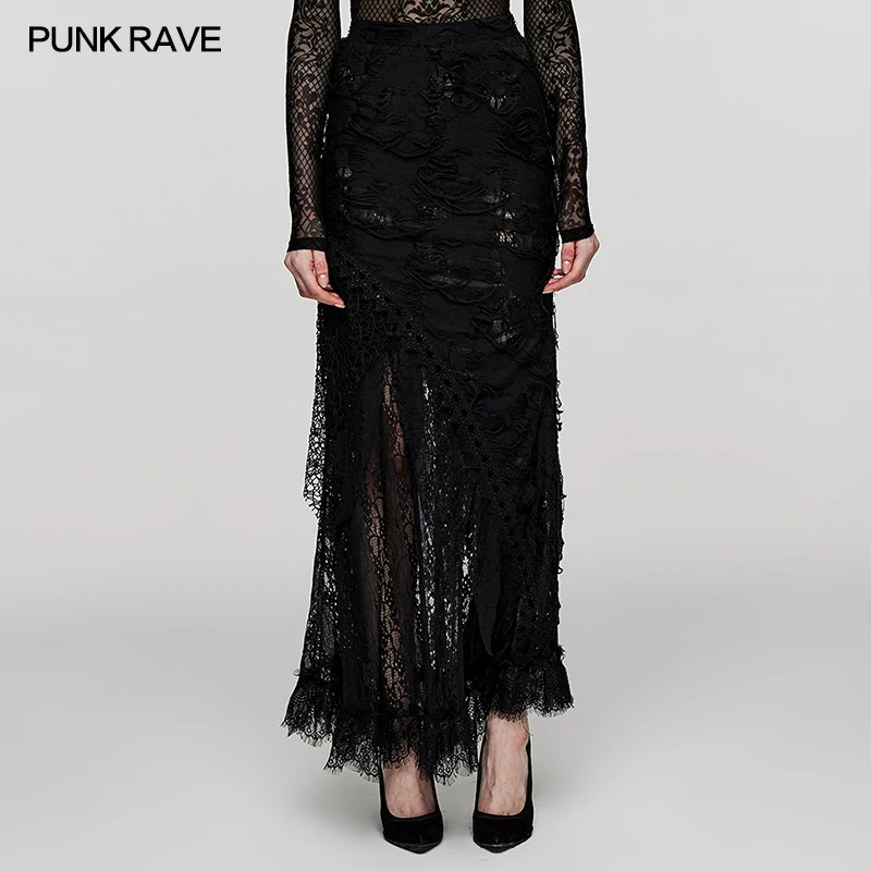 PUNK RAVE Women's Gothic Ripped Knit Lace Long Skirt Dark  Feel Club Hallowmas Black  Women Clothing