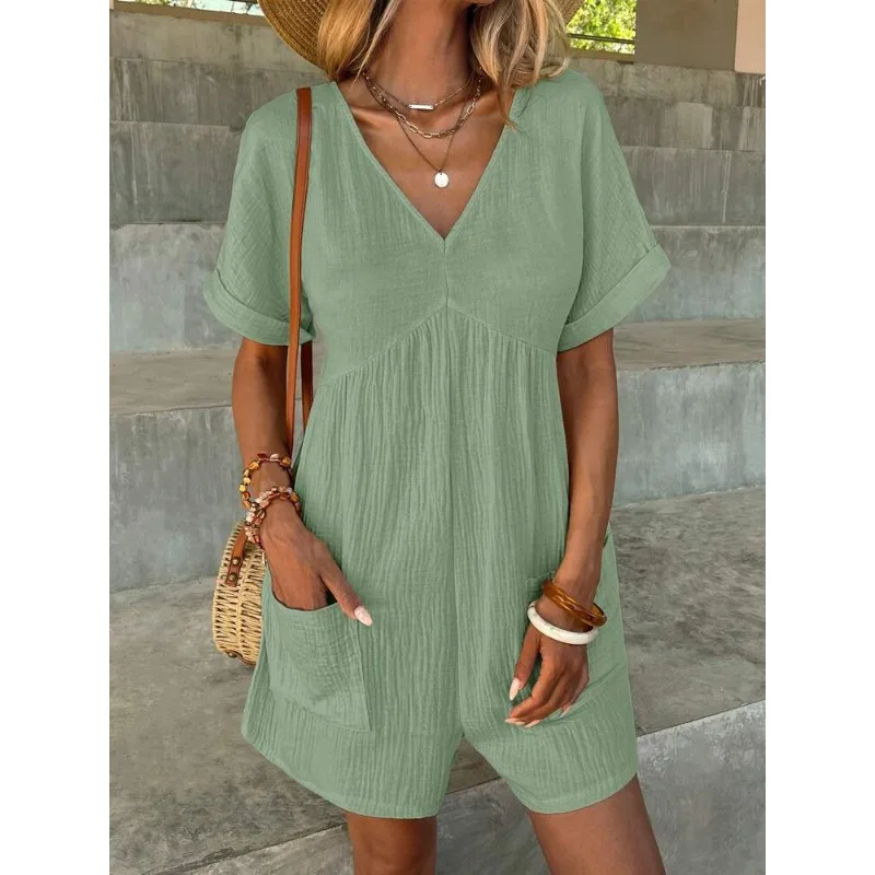 エレガントな固体女性ジャンプスーツカジュアル A ラインロンパースレディースロンパース V ネックショートバットウィング袖ポケット夏服夏