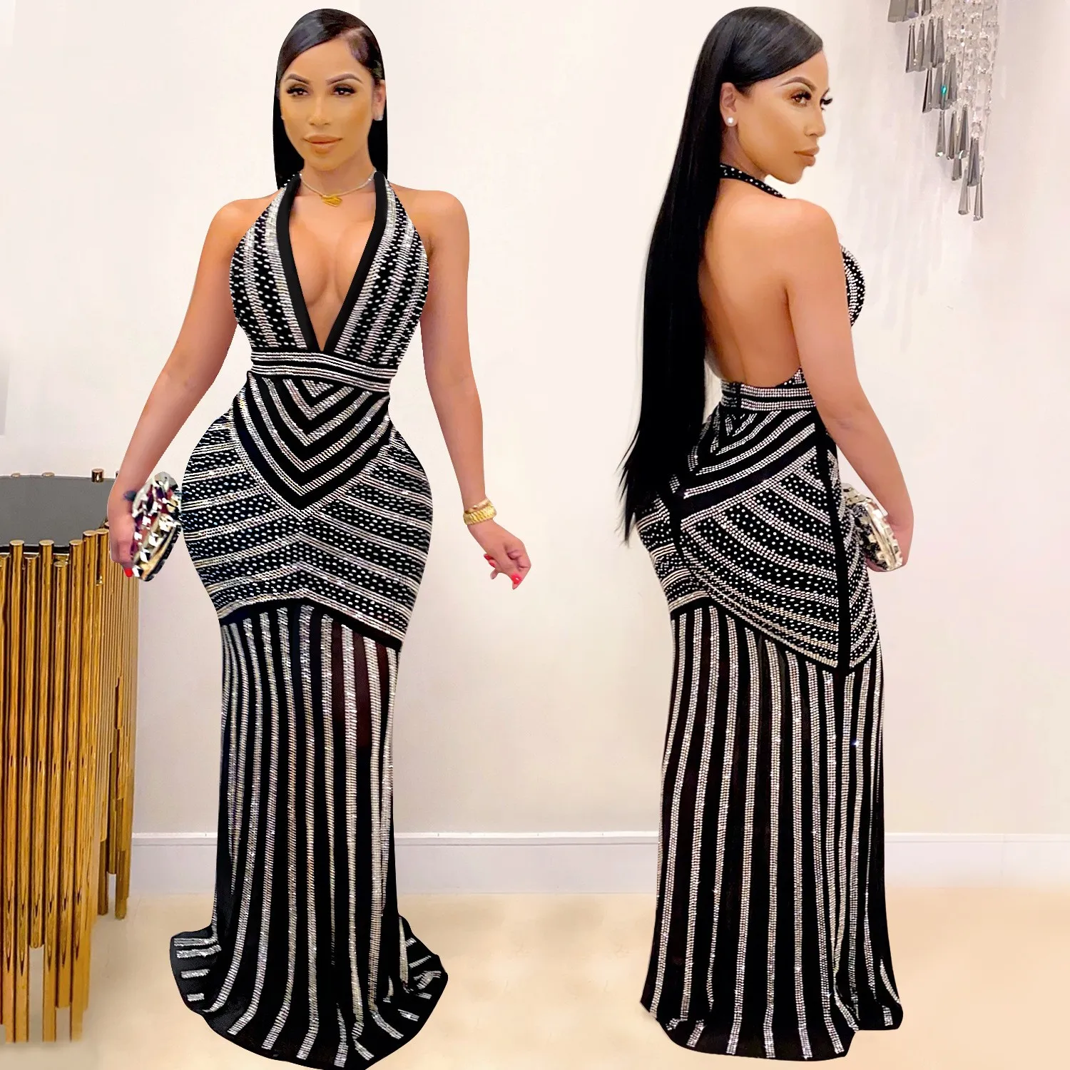 Black And Silver Deep V Neck Backless Halter Crystal Embellished Sheer High Waist Wrap Floor Length Gown Maxi Dress for Party