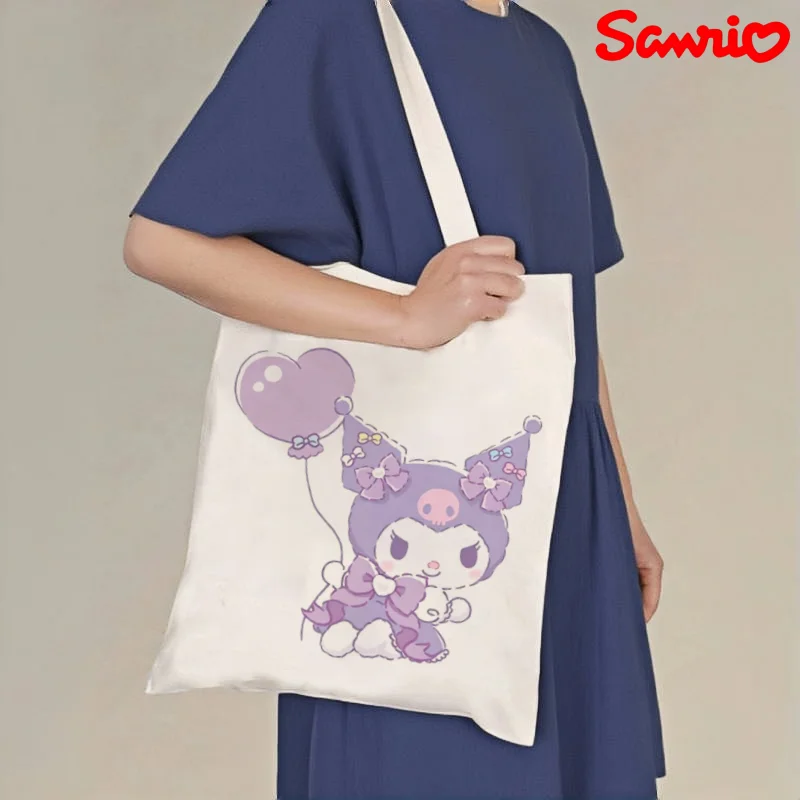 

1pc Kawaii Kuromi Heart Balloon Print Canvas Tote Bag, Large Capacity Daily Shopping & School Shoulder Bag