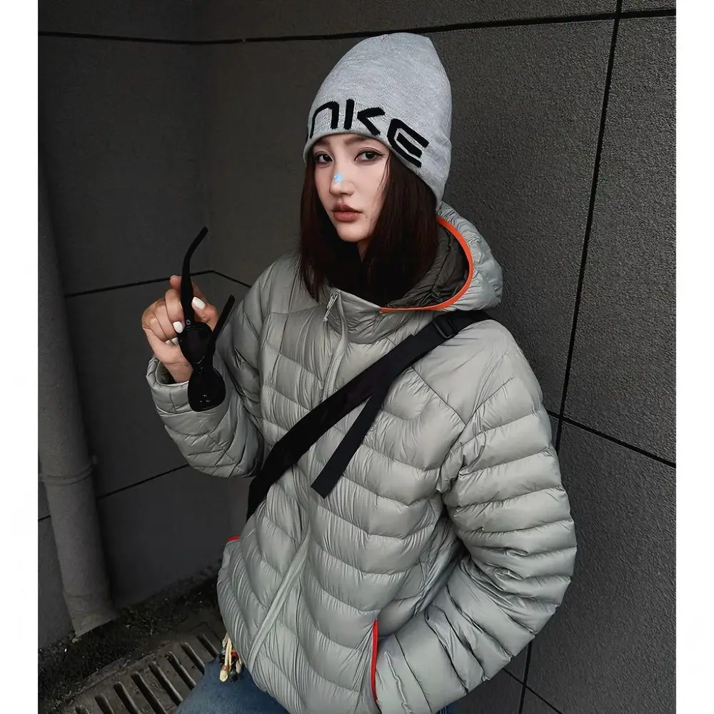 Hooded Light Quilted Puffer Coat For Women Contrast Collar Zip Front Slim Fit Warm Winter Outerwear