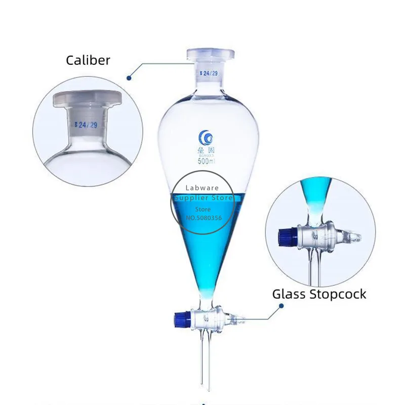 Loikaw embudo de separación en forma de pera de vidrio para laboratorio, 1 unidad, con pistón de vidrio/PTFE, 60/125/250/500/1000/2000ml