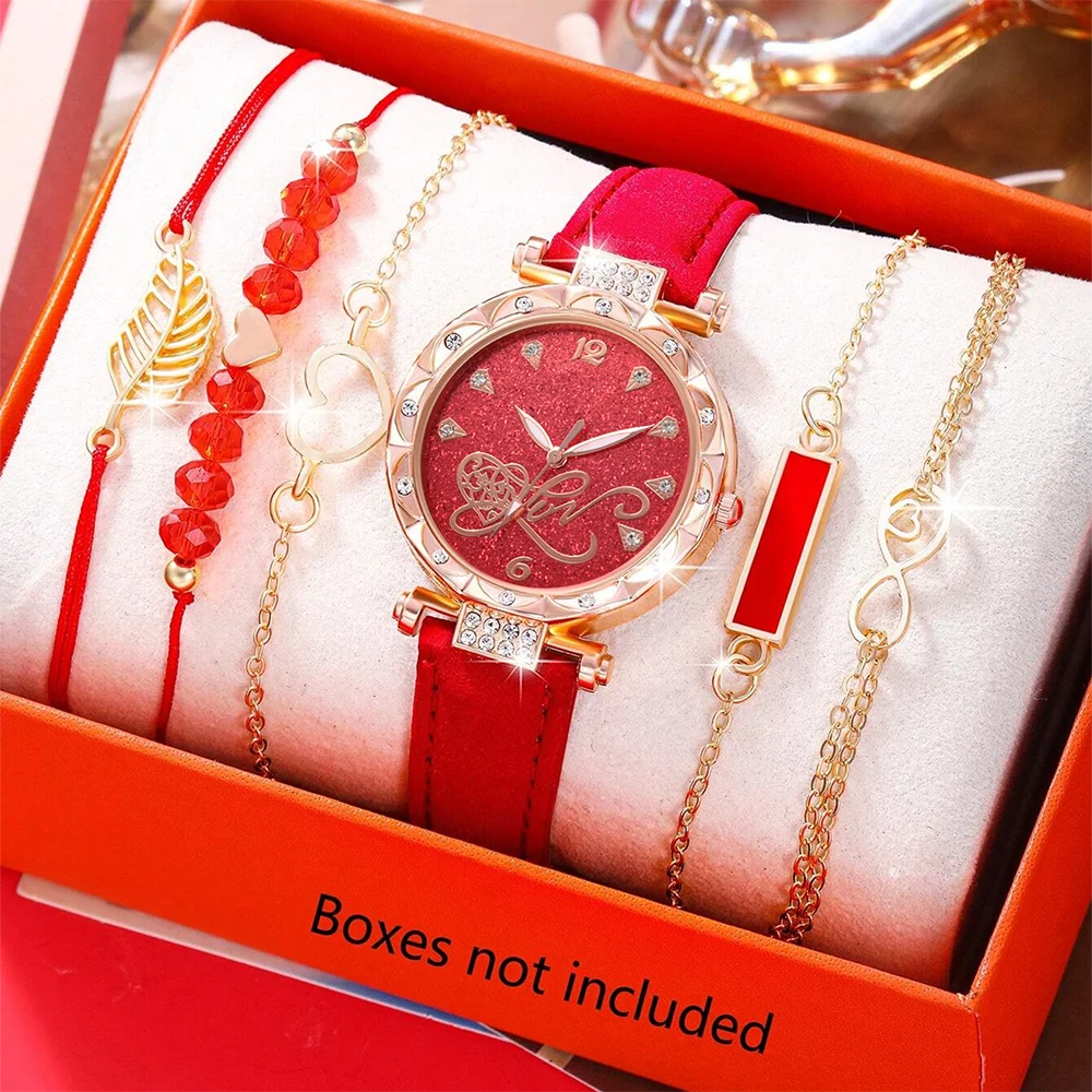 6PCS/Set Red Women Watch Simple Fashionable Leather Strap Quartz Wristwatch Love Element Watch Jewelry Set Gift For Mom