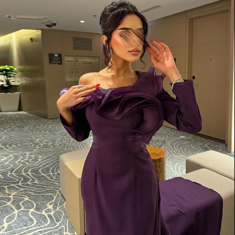Вечерние платья с открытыми плечами и оборками по индивидуальному заказу, 2025 год, вечернее платье русалки с накидкой и съемным шлейфом, фиолетовое атласное платье
