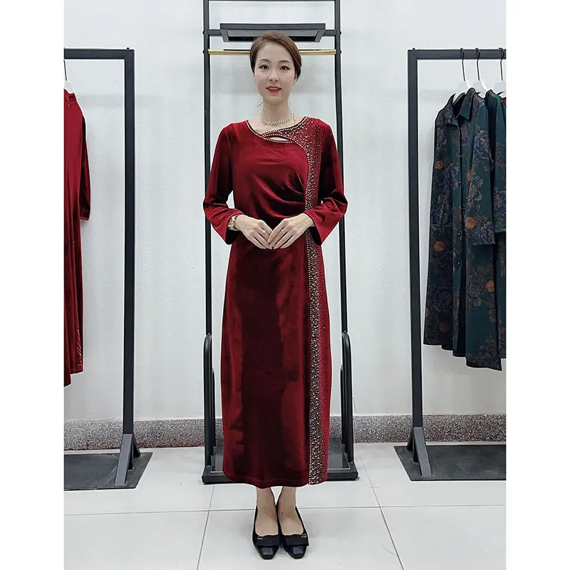 

Ele Velvet Qipao Dr Long Sve Wedding Dr for Mommy High-Quali Autumn New Sle plus Size Golden Velvet