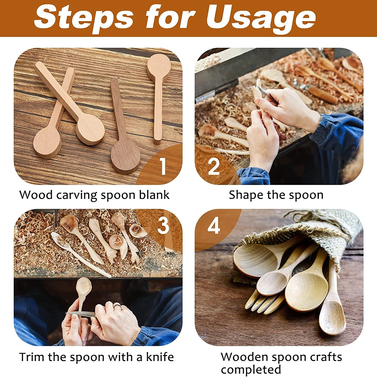 5Pcs Wood Carving Spoon Blank Kit Beech Walnut Unfinished Wooden Spoon Portable Wood Carving Block Wooden Whittling Art Supplies
