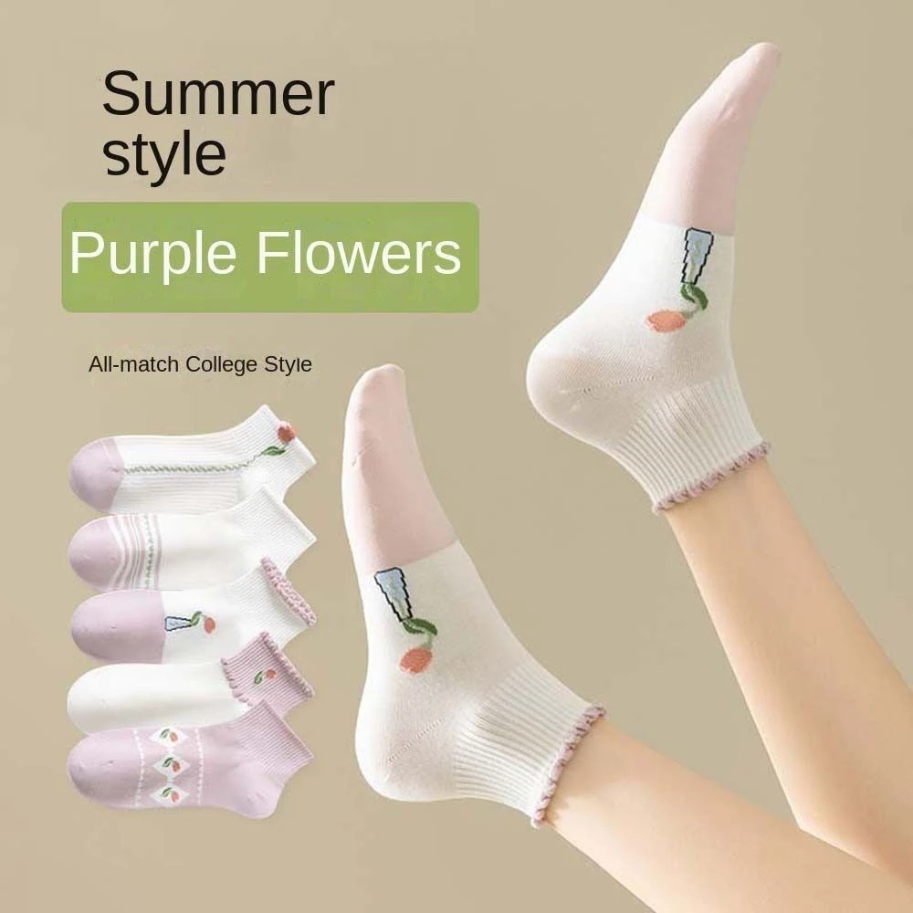 Cute Cotton Women Flower Short Socks Purple White Female Hosiery Flower Ankle Socks Anti Slip Thin Flower Boat Socks Girl/Women