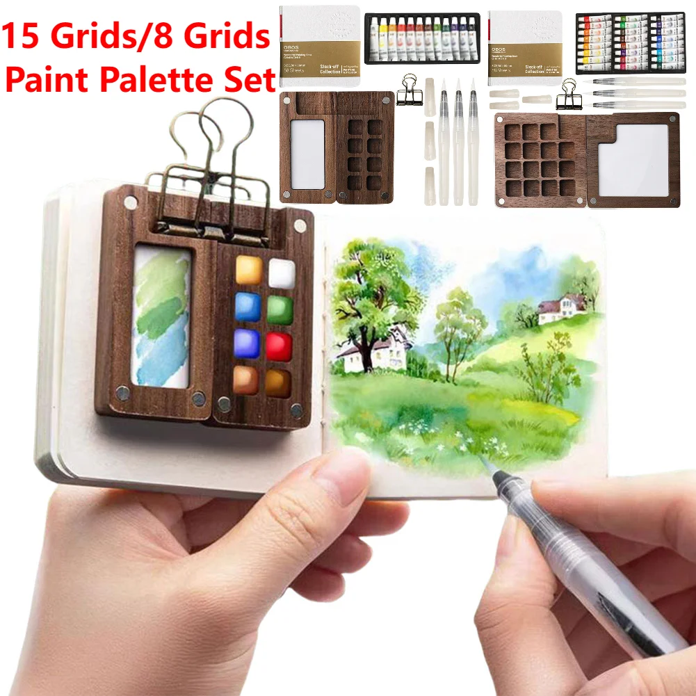 ชุดพาเลทสีน้ำแบบพกพาพร้อมคลิปหนีบ กล่องสีไม้แบบมีช่องสำหรับวาดภาพสีน้ำ