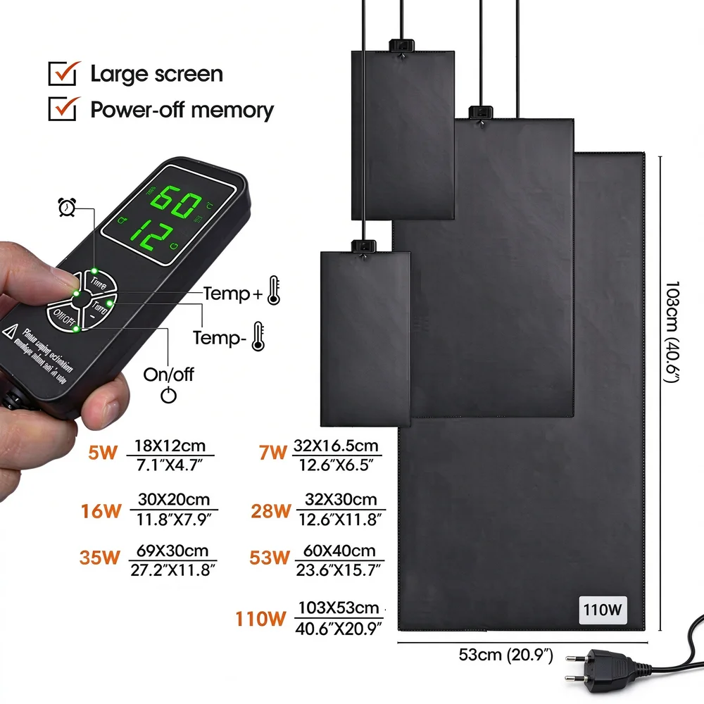 Pet Heating Pad with LED Display Thermostat 10-50°C IPX7 Waterproof PVC Heat Mat for Reptiles Lizards Snakes Turtles EU Plug