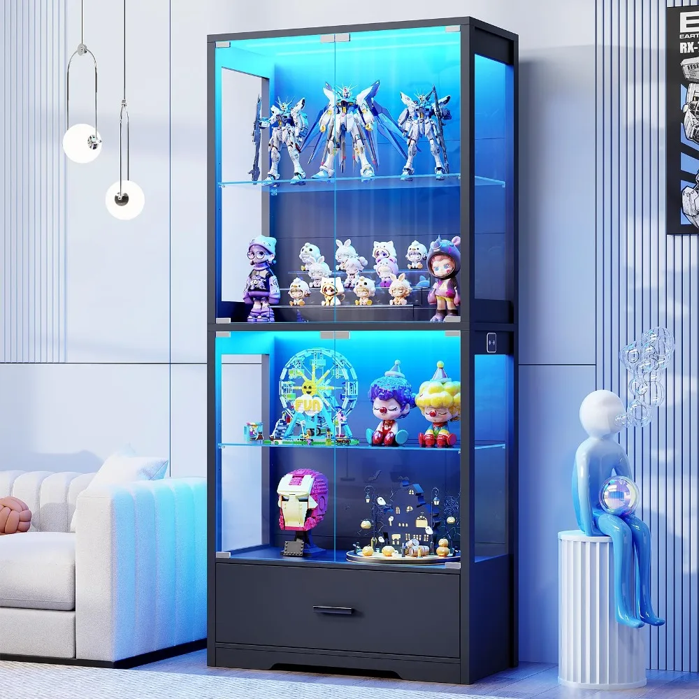 4-Tier Display Cabinet with Glass Doors and Drawer for Collectibles | Glass Display Case with 3-Color Lights & Human