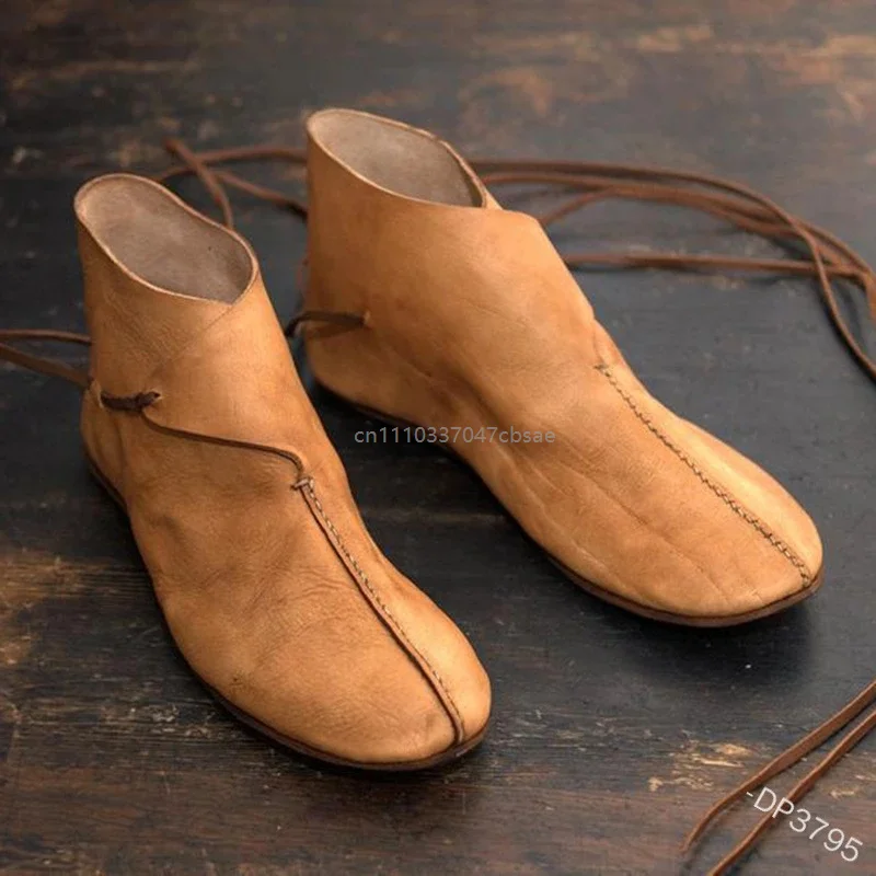 Men Medieval Retro Leather Short Boots Japanese Samurai Style Casual Flat Shoes For Knight Prince Cosplay Ankle Boot Costume