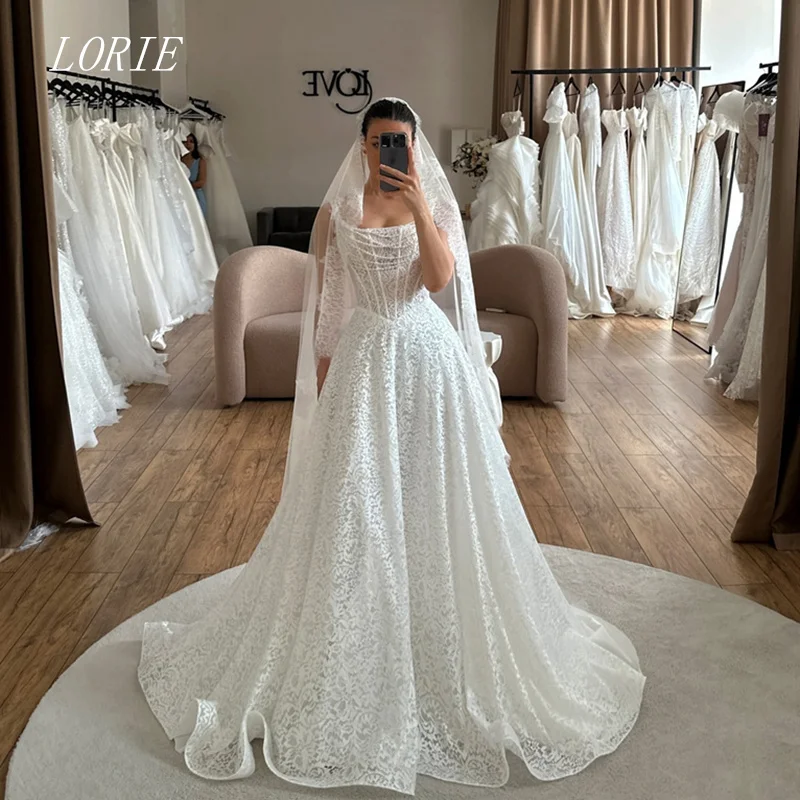 

LORIE Lace Applique A-line Wedding Dresses Spaghetti Strap Bridal Gown O Neck Wedding Dress Customized 2026