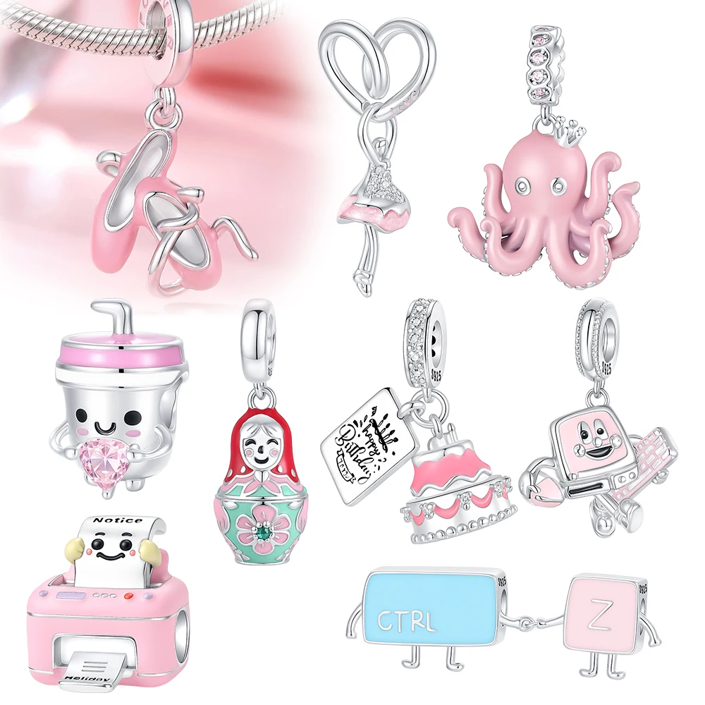 Fit Original Bangle Bracelet Inlaid Zircon Beads Charms 925 Sterling Silver Pink Ballet Shoes Octopus Pendants Bangle Jewelry
