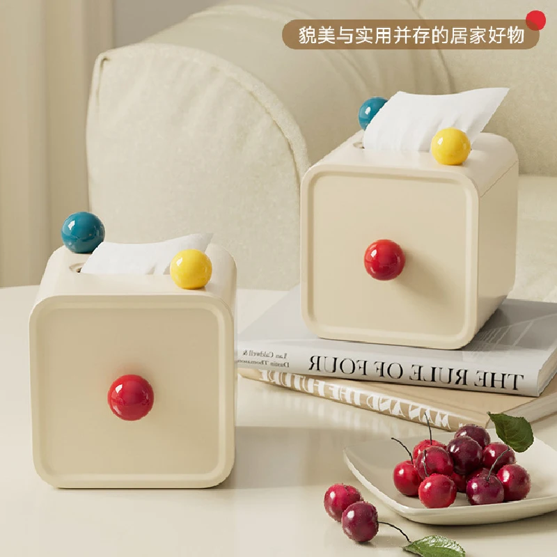 Cream Color Square Tissue Box Decoration Living Room Bathroom Napkin Box Plastic Color Ball with Lid Drawer Paper Roll Paper Box