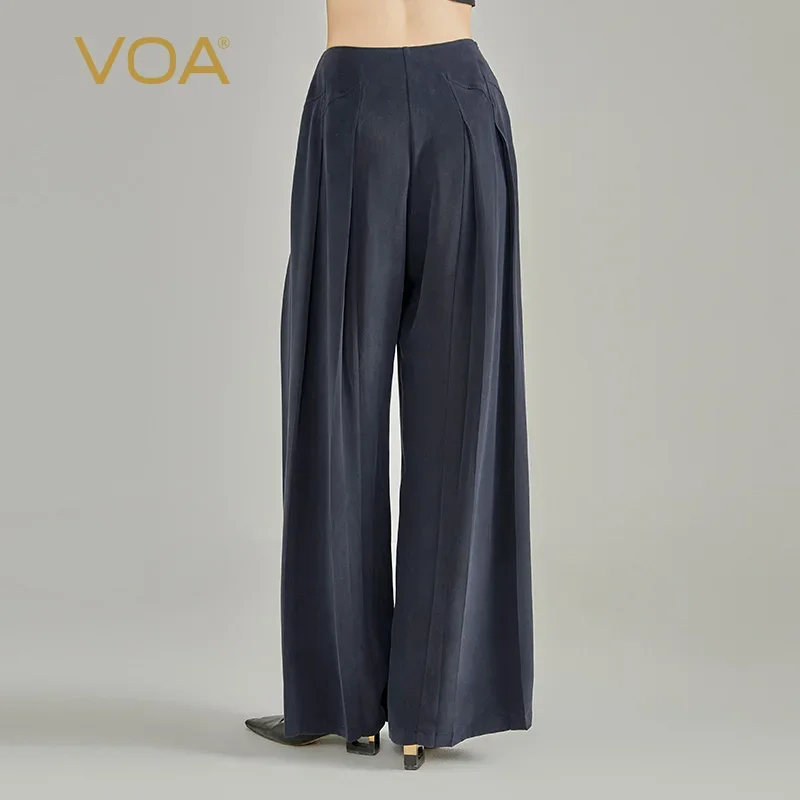 VOA Silk Heavyweight Sandwashed Natural Waist Culotte Side Pocket Yoke Pleated Navy Blue Smooth Silk Fashion Skirt Pants KE1009