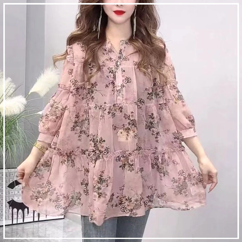 2024 New Spring and Summer Sweetheart Round Neck with Ruffle Edge Fashion Trendy Loose and Versatile Floral Long Sleeved Shirt