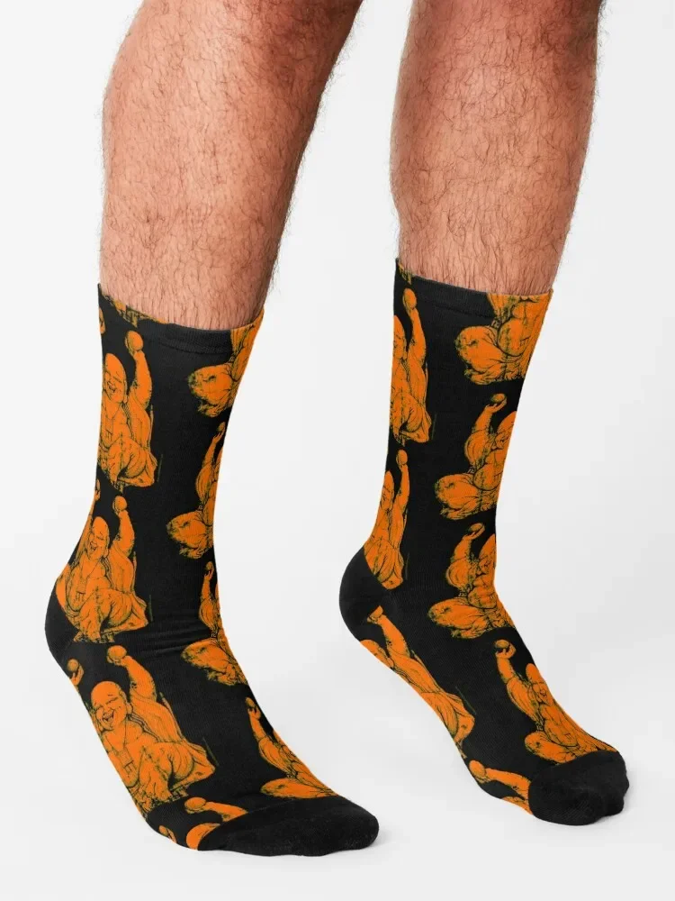 Calcetines de Buda de risa naranja, calcetines retro de piso, hombres y mujeres