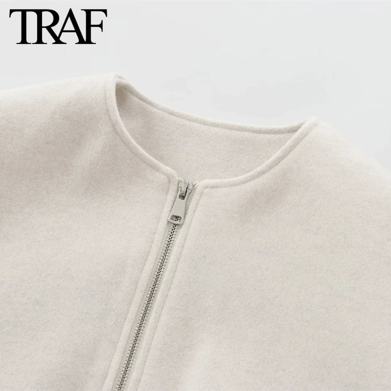 TRAF Women Fashion Autumn New Solid Color Soft Loose Pilot Jacket Long-sleeved Zip Round Neck Short Coats Chic Female Tops