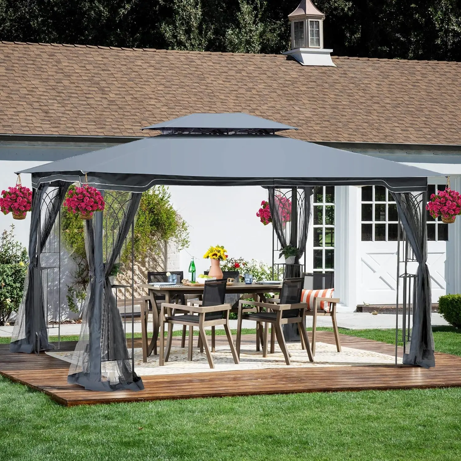 

10x13 Patio Gazebo Heavy Duty Soft Top Waterproof Canopy Steel Frame Double Roof Shelves Netting Deck Backyard Customized