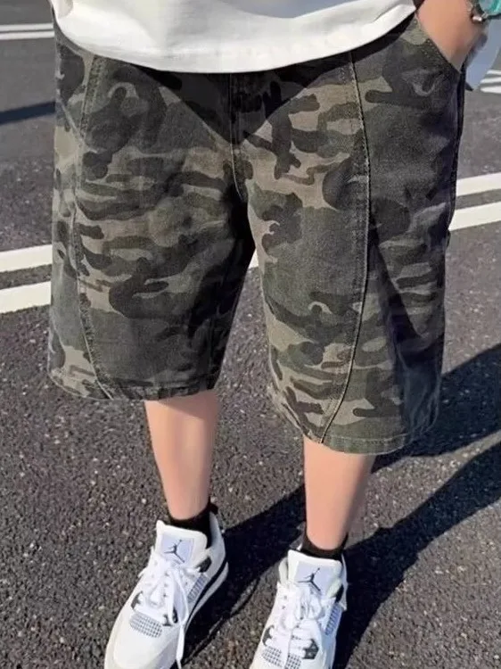 

American Retro Camouflage Workwear Jeans Shorts Men's Summer Patchwork Design Loose Casual Five-Button Jeans Breathable Quick...