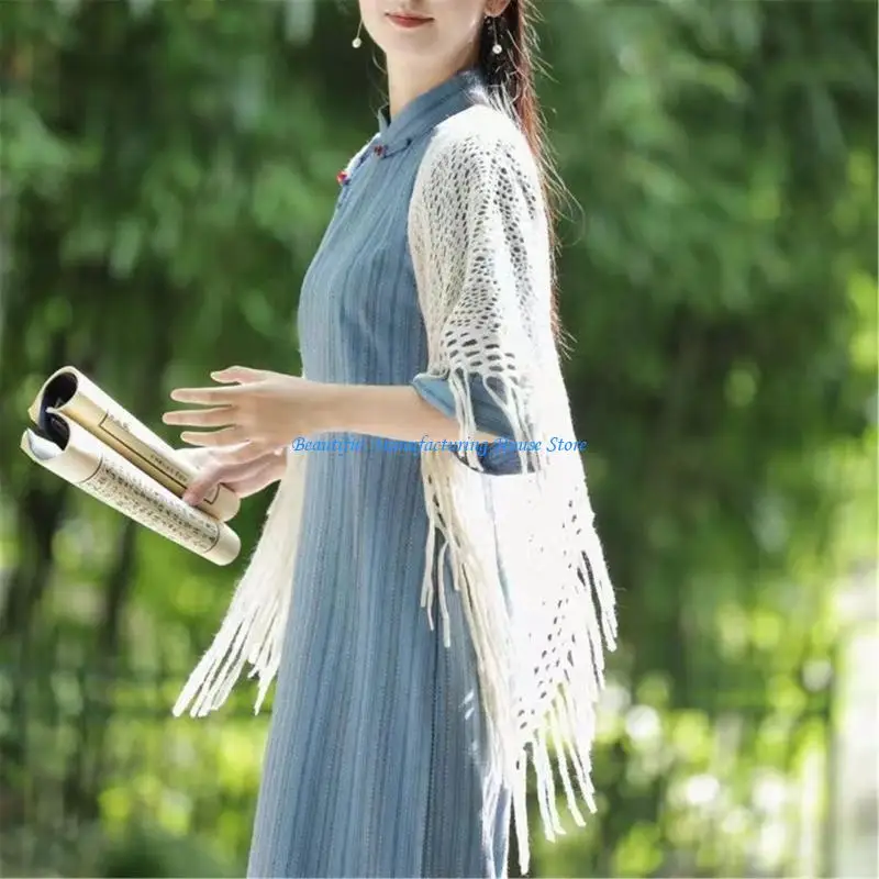 E56A Stylish Women Summer Crochet Shawl Knitted Shoulder Wrap with Tassels For Layering Over Dresses and Casual Daily Wear