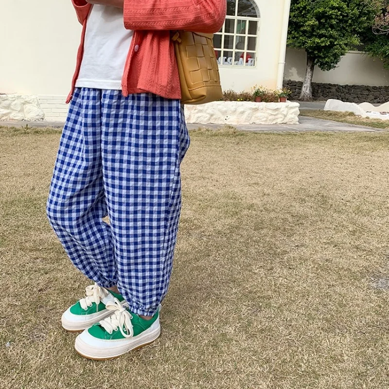 

Girls' Spring and Summer Thin Pants Tapered Sweatpants 2026 Korean Children's Clothing Casual Plaid Cropped Harem Pants