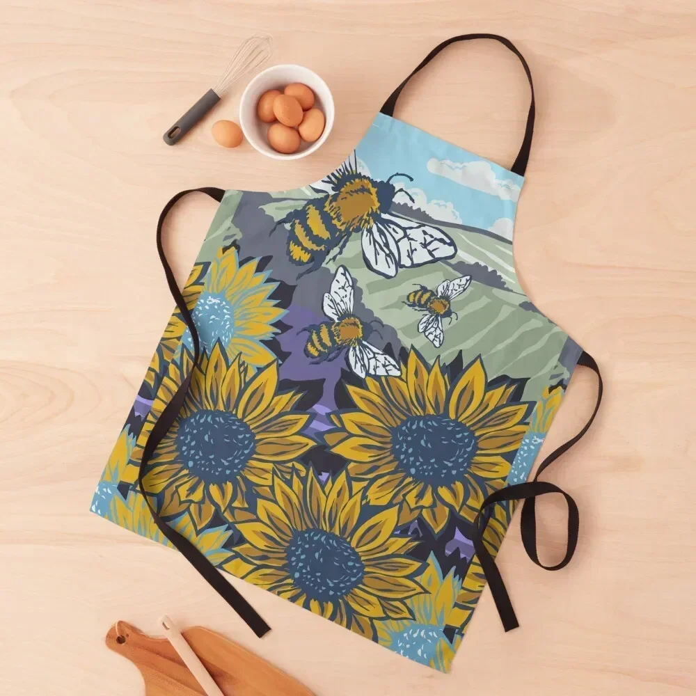 

Oxfordshire Sunflowers and Honey Bees Linoprint Apron For Kitchen Women Teacher esthetician Christmas gift Apron
