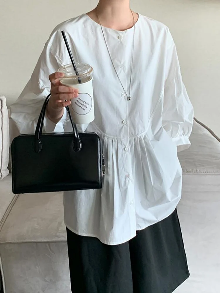 

Женская свободная блузка с рукавами-фонариками и круглым вырезом, повседневный дизайн, эффект похудения, с драпировкой, в китайском стиле, для женщин