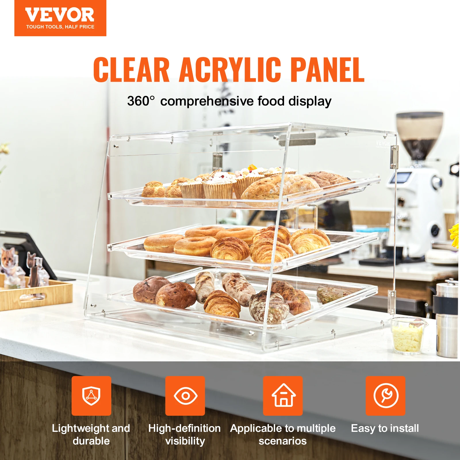 VEVOR 3 Tier Clear Pastry Display Case Acrylic Commercial Countertop Bakery Display Case with Front and Rear Door for Bread