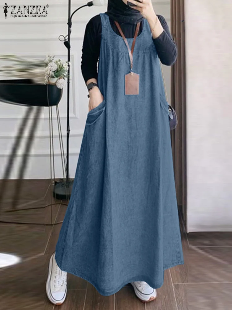 Letnia długa suknia islamska Abaya ZANZEA damska w stylu Vintage jeansowa niebieska sukienka Maxi Vestidos Dubai luźna sukienka Ramadan