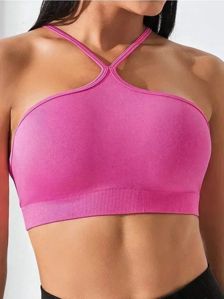 تي شيرت نسائي متقاطع بقصة ضيقة رياضية كامي بدون خياطة هالتر قصير تي شيرت علوي للتمرين
