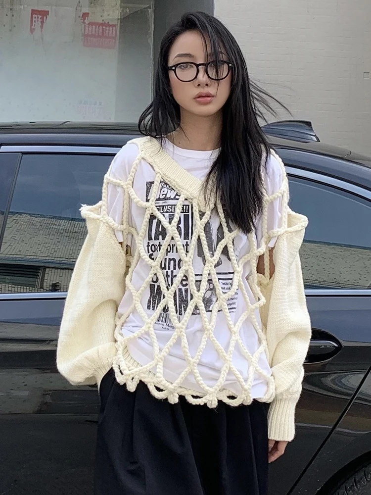TWOTWINSTYLE Solid Casual Sweaters For Women V Neck Lantern Sleeve Hollow Out Loose Minimalist Pullover Sweater Female Fashion