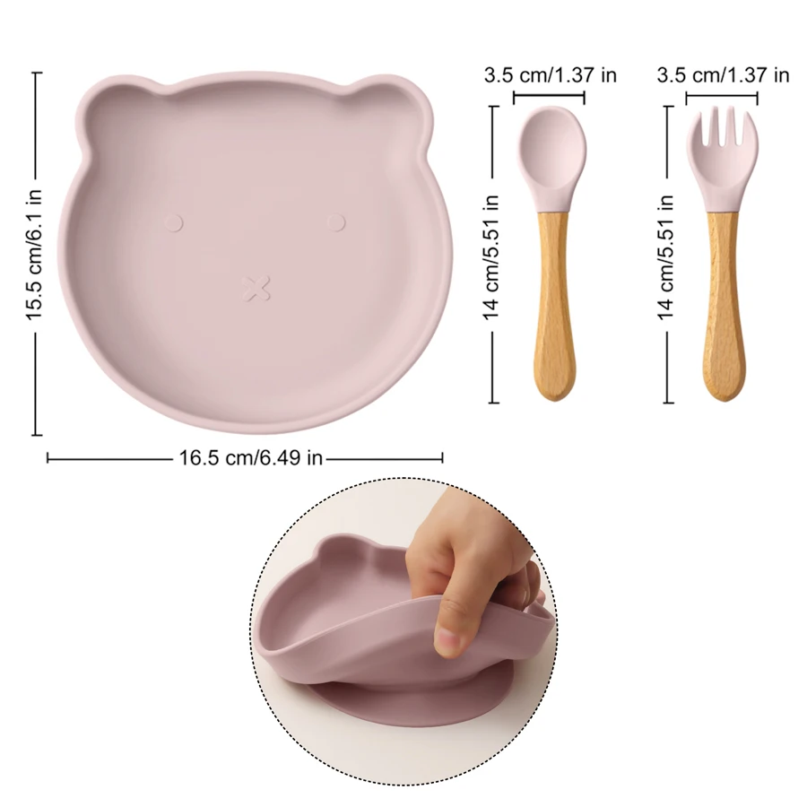 Ensemble de vaisselle en silicone pour bébé avec nom personnalisé, bol à ventouse pour bébé, sans BPA, plats d'ours de dessin animé, assiettes, cuillère, fourchette, articles pour bébé, 3 pièces