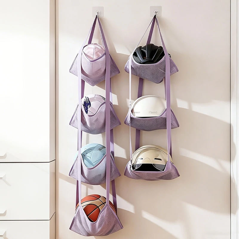 Wall Hanging Ball Storage Mesh Bag 3 4 Tier Door Organizer for Basketball Volleyball Helmet Handbag