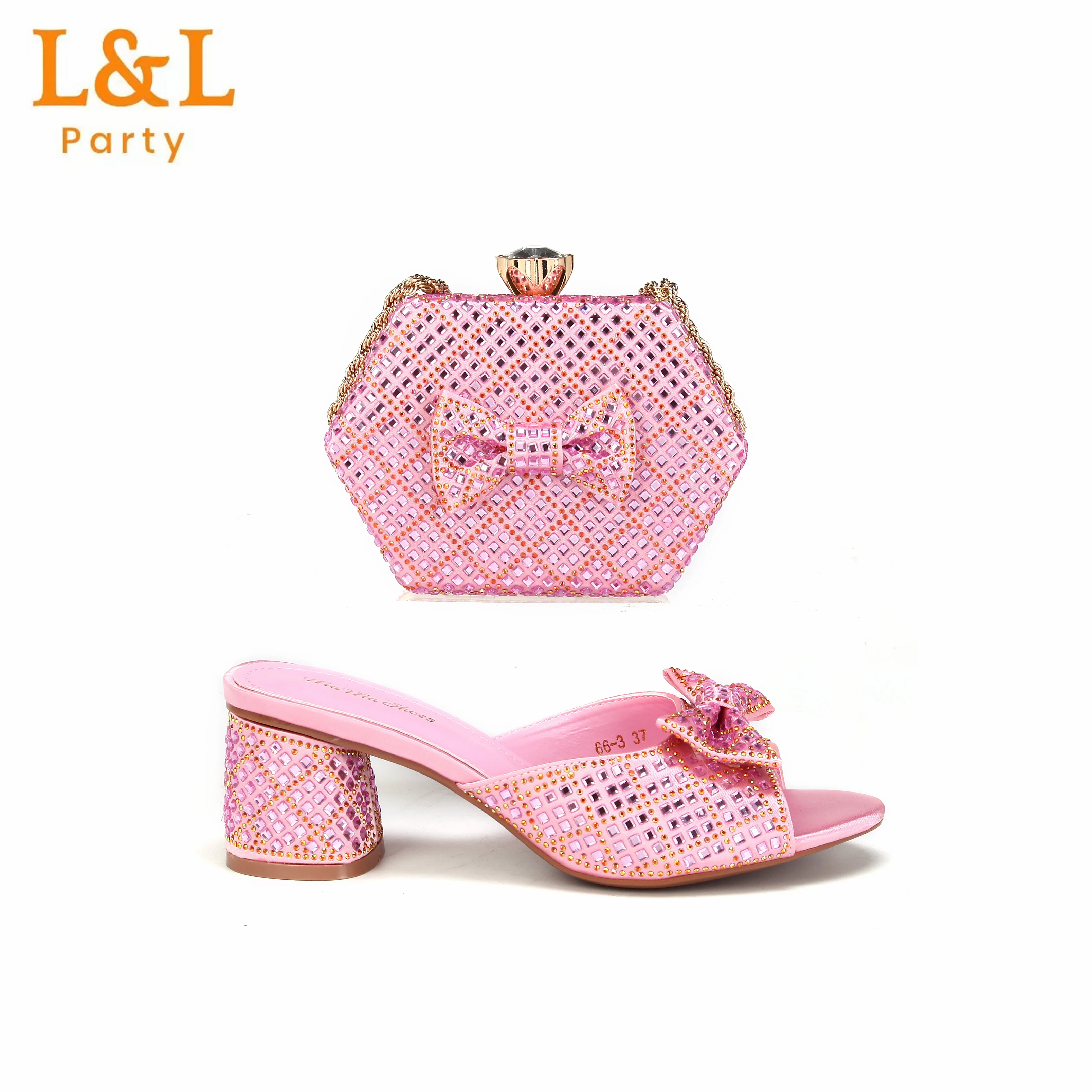 Lo último en zapatos italianos de tacón bajo para mujer, zapatos rosas y bolsos a juego decorados con diamantes de imitación, zapatilla elegante con punta abierta para boda