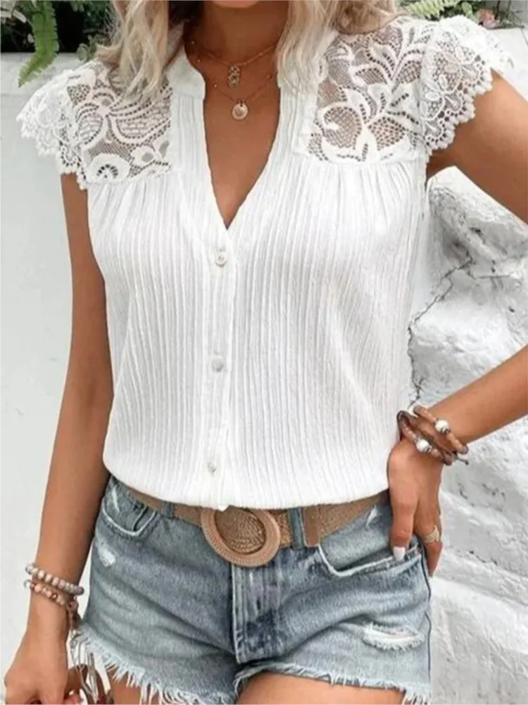 Women Fashion Lace Blouse Tops Casual V-neck Short Sleeve Buttons Patch Top 2024 New Summer Elegant Streetwear Shirt Top