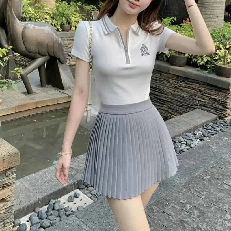 Academic Style Summer Women Sweet Polo Collar Half Zipper Slim Short Sleeve Tops High Waisted Solid Color Skirt Two Piece Set