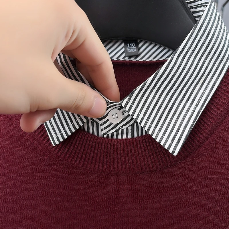 Herren-Strickpullover mit Rundhalsausschnitt, Herbst-Winter, zweiteiliger Look, Farbblock-Design, Hemdkragen, langärmelig, Business-Casual-Herrenbekleidung – Detail 2