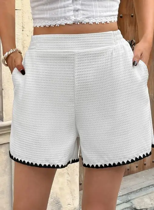 Summer Casual Commuting Style Texture Contrast Border Shorts Women's Elegant High Waisted Waffle Checkered Contrasting Shorts