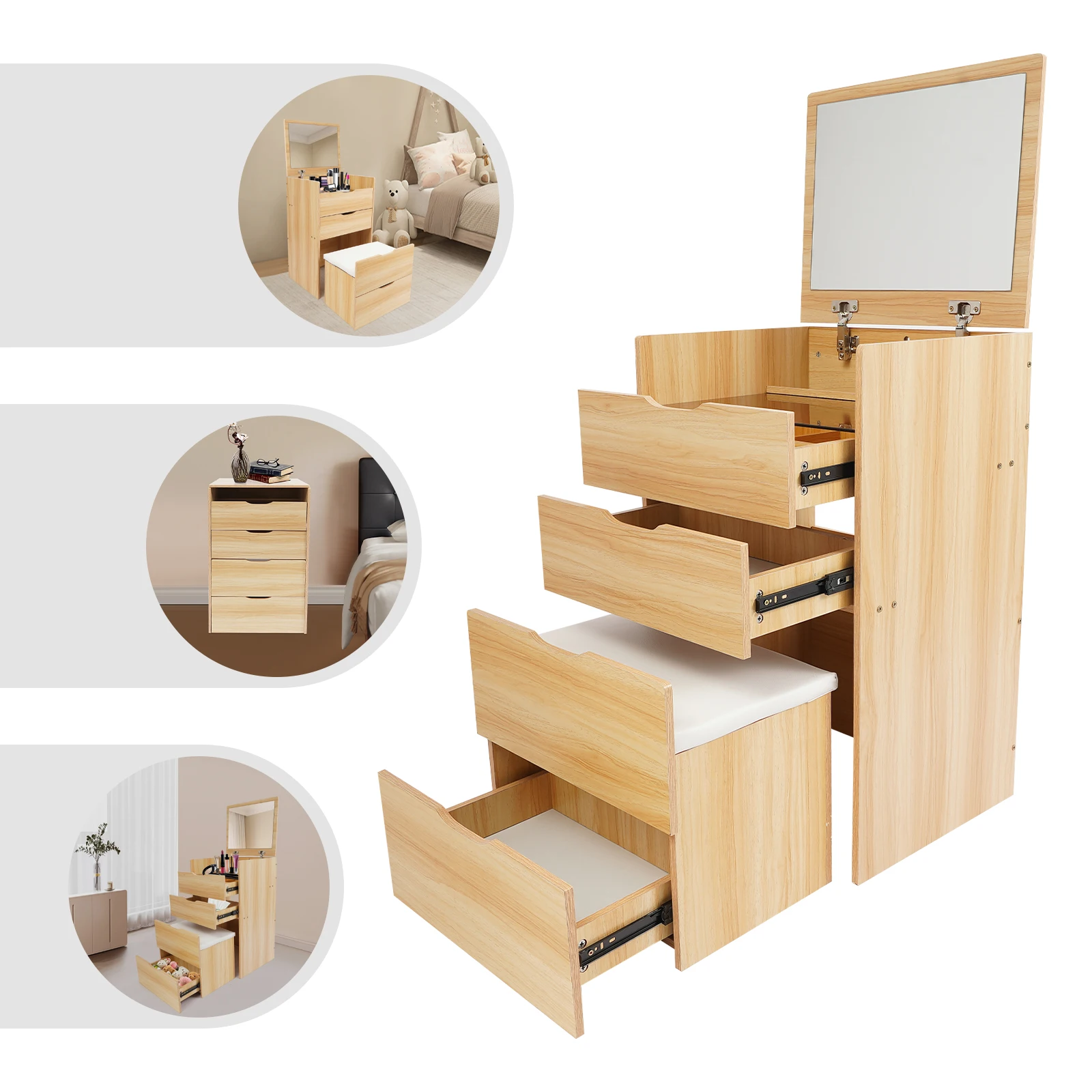 

Modern Log Color Vanity Desk with 3 Drawers 1*Makeup Stool &Mirror, Makeup Vanity Table for Homes Apartments Dormitories
