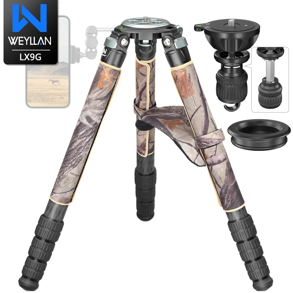 

Carbon Fiber Tripod Heavy Duty Camera Tripod WEYLLAN LX9G Professional Bowl Tripod with 40mm Leg Camouflage Sleeve Max Load 40kg