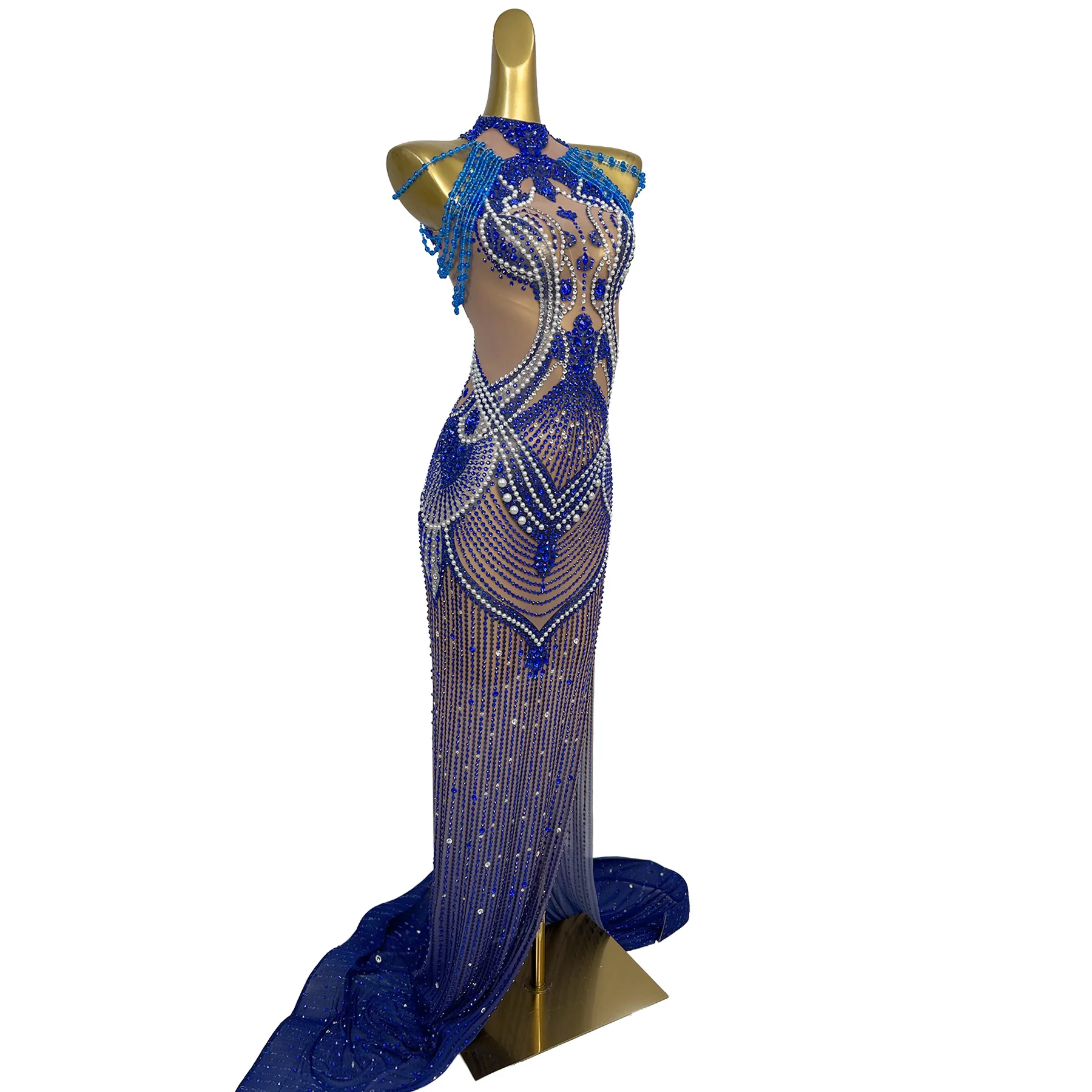 Loulan Luxury Blue Crystal and Pearl Embellished Nude Mesh Halter Neck Mermaid Evening Dress Formal Party Gown