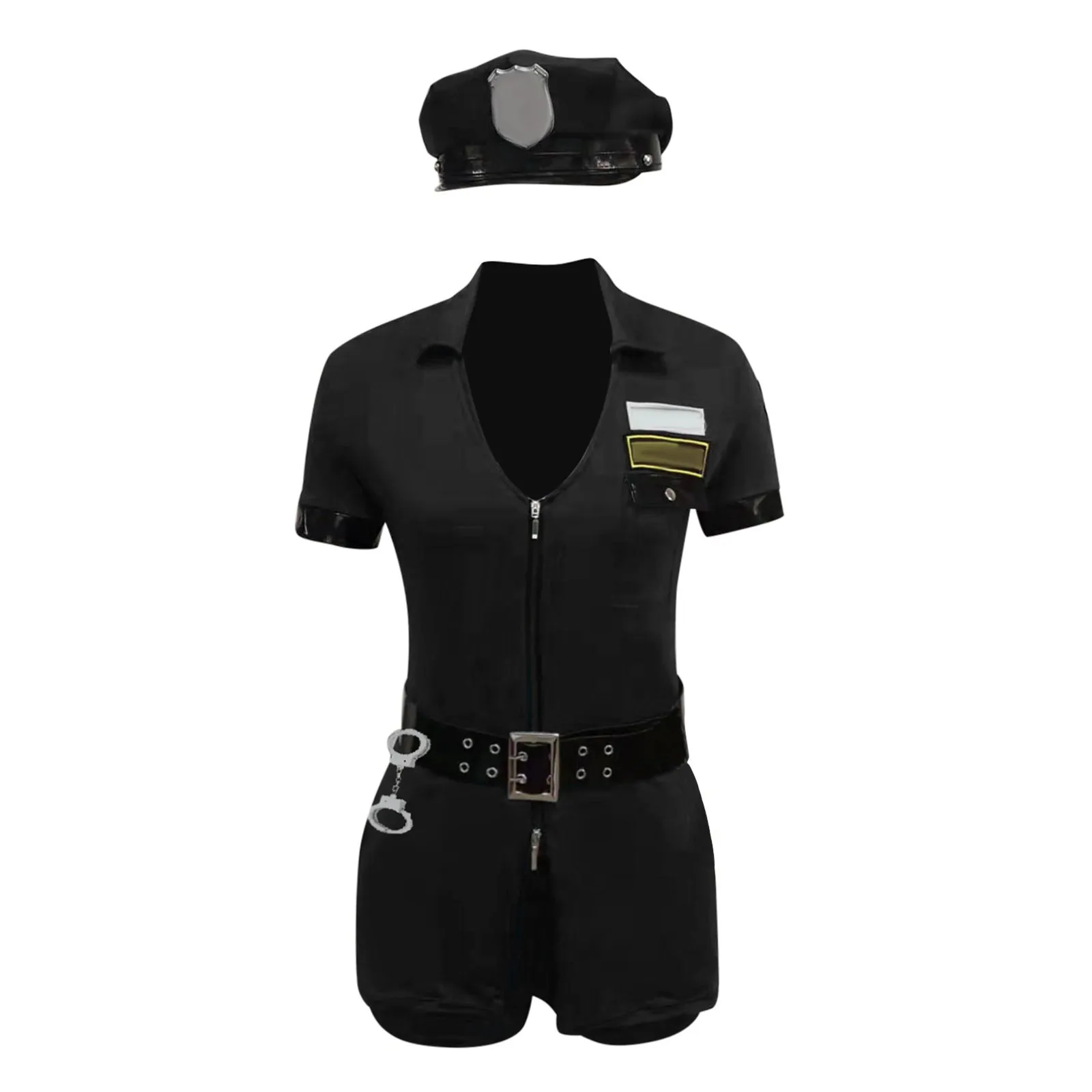 Policewoman Cosplay Costume Sexy Underwear Exotic Stewardess Uniform Summer Short Sleeve Jumpsuit+Hat+Belt+Handcuffs 4 Piece Set