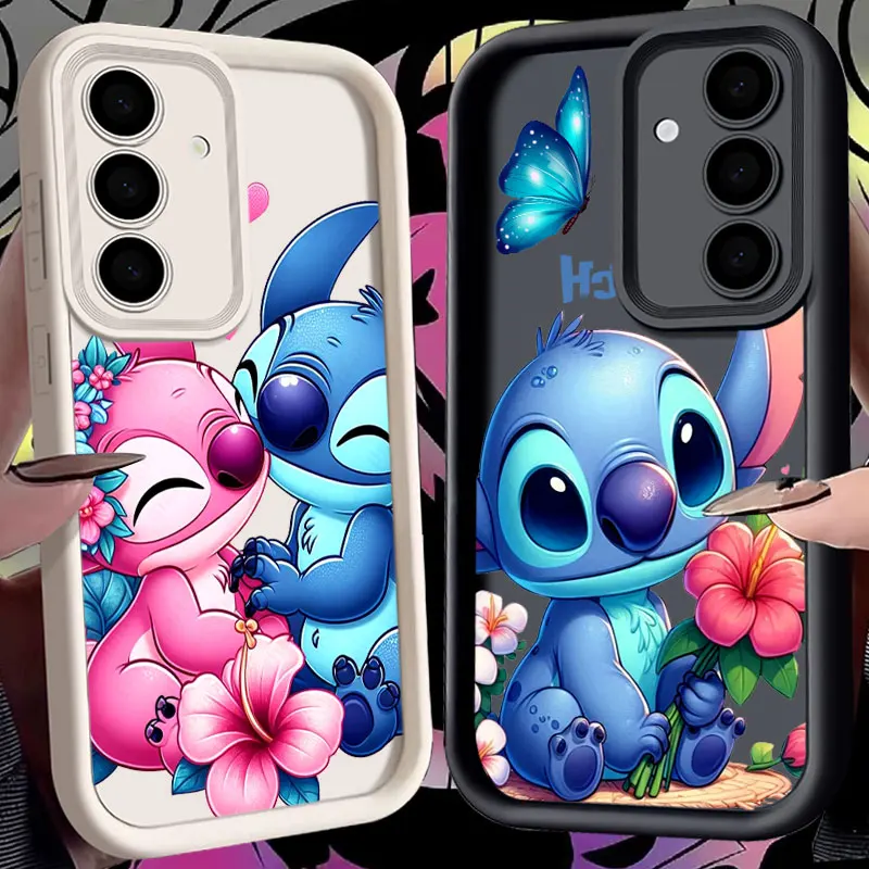 

Cute Stitch With Flowers Silicone Soft Case For Samsung Galaxy S26 S25 Ultra S24 S23 Plus S22 S21 S20 FE Shockproof Phone Cover