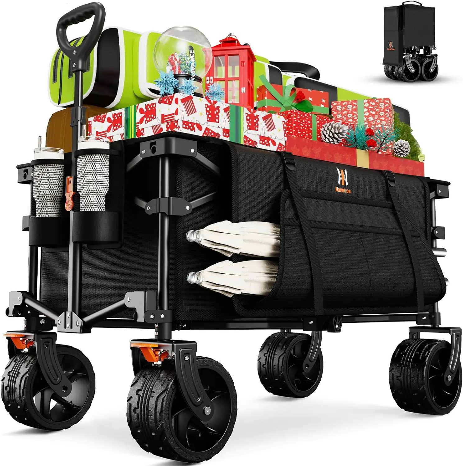 

Heavy-Duty Collapsible Wagon Cart with Silent All-Terrain Wheels, Foldable Utility Cart for Beach Camping Garden Sports, Black
